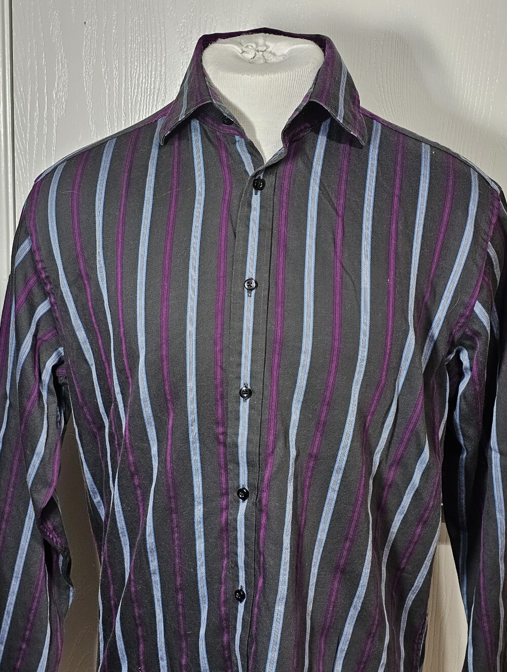 Thomas Dean Men's Long-sleeve Button-down Stripe Dress Shirt Gray Purple M